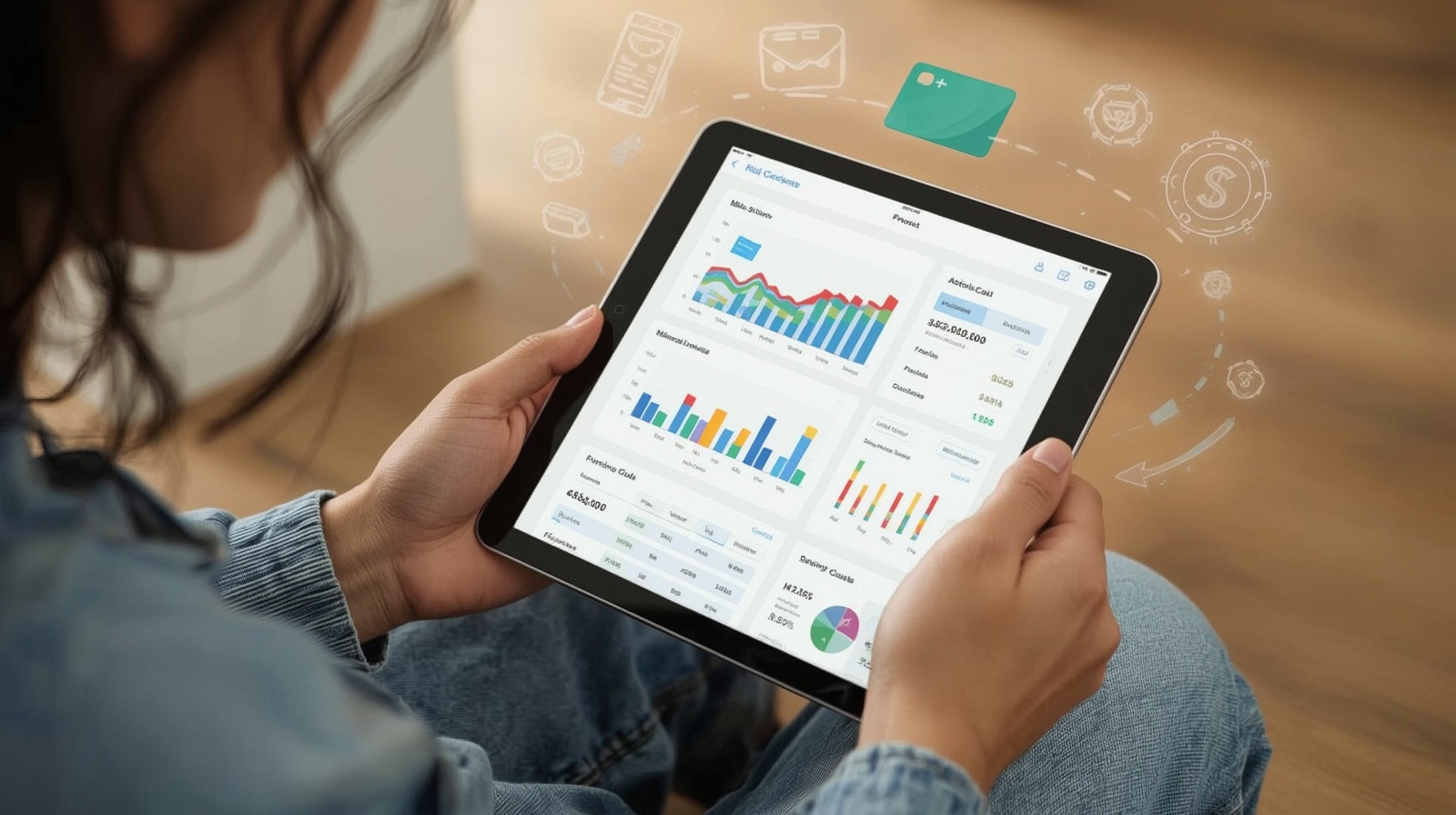 Person using a digital budgeting app on a tablet, showing charts and a virtual card symbol