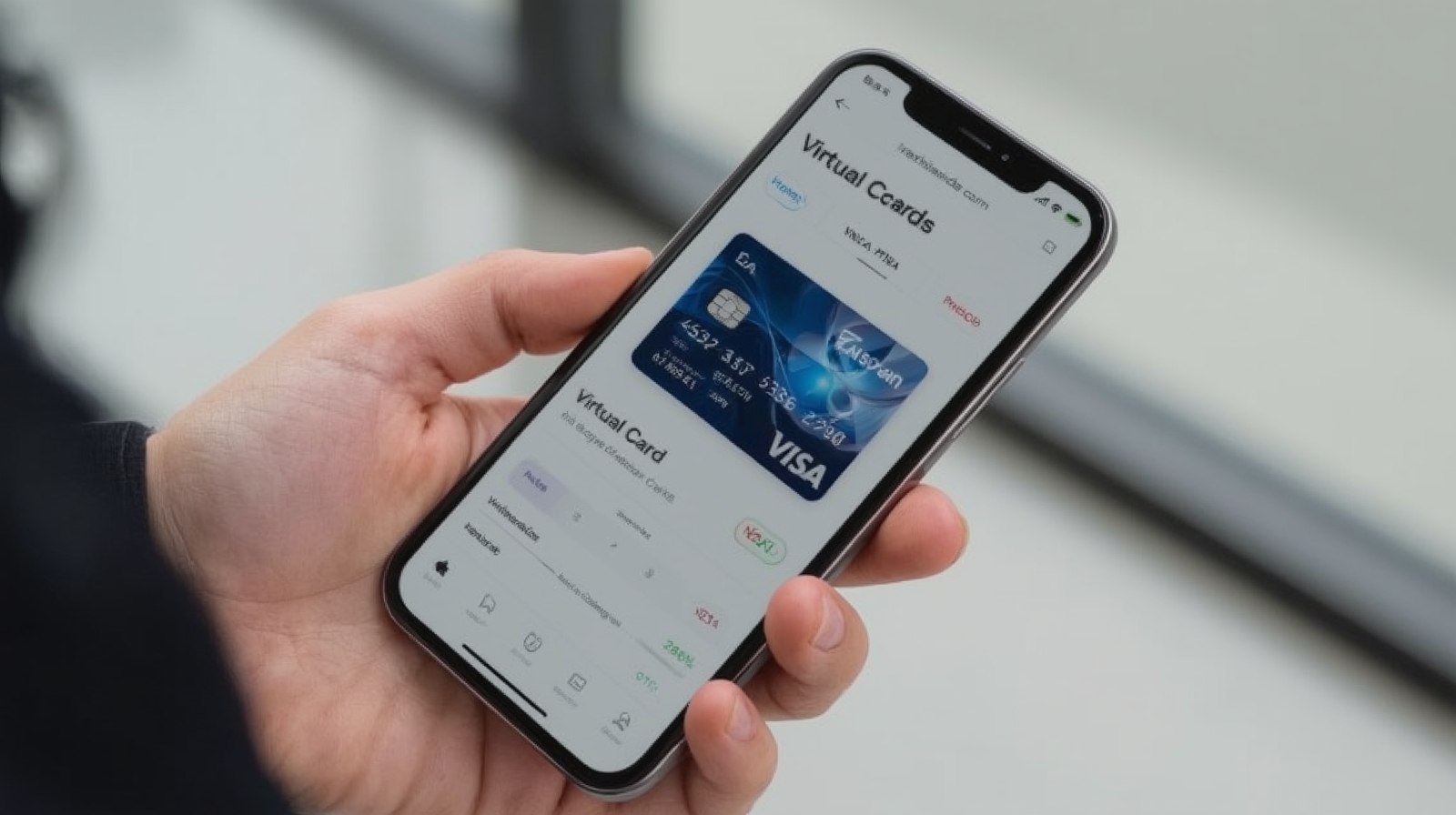Close-up of a smartphone showing a mobile banking app interface with a virtual Visa card displayed on screen